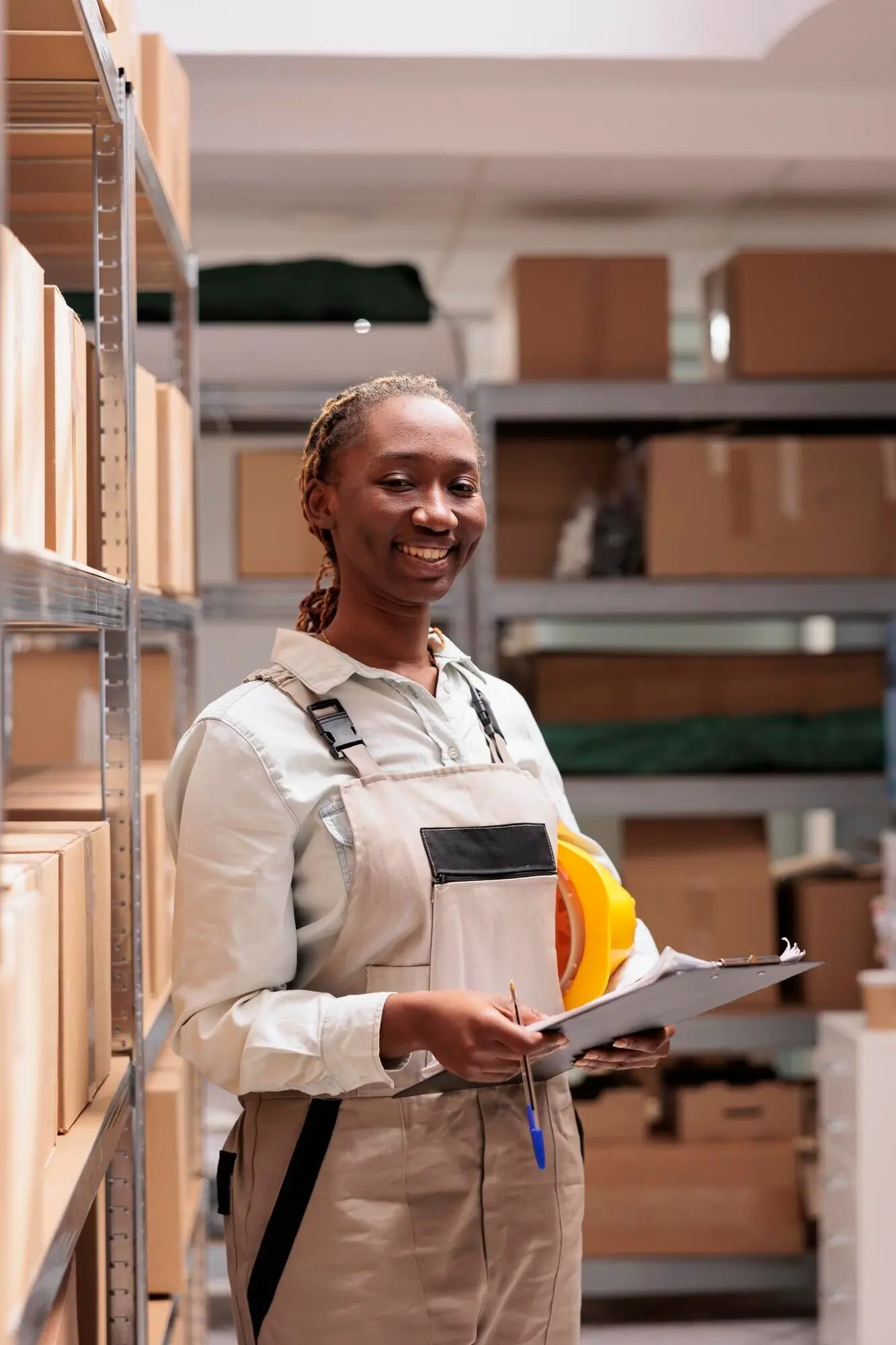 Mujer sonriente gestionando el suministro de productos en el almacén del departamento de logística, controlando la distribución de mercancías y mirando a la cámara. Supervisora de almacén de pie cerca de estanterías con cajas de cartón.