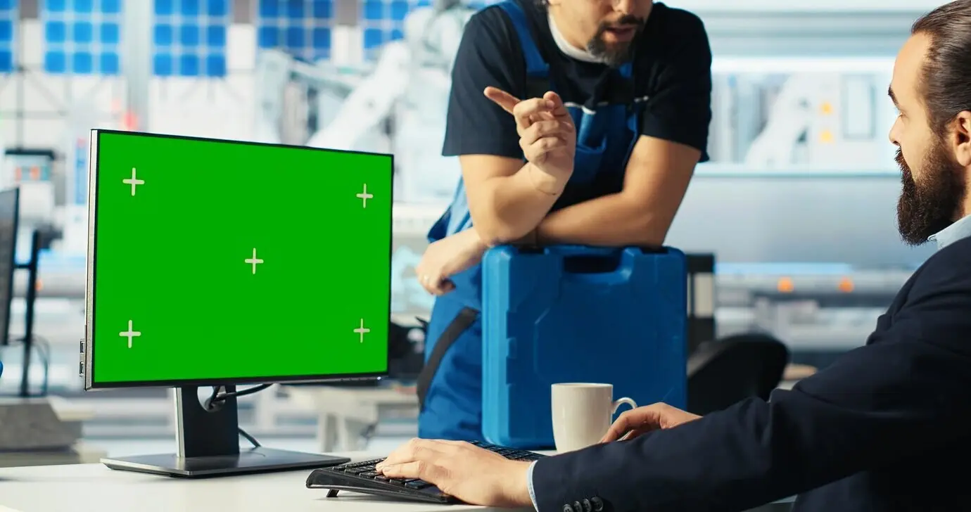 El gerente de una fábrica fotovoltaica habla con un empleado que utiliza un PC con pantalla verde.