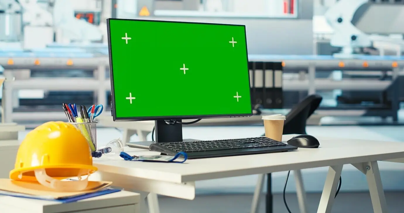 Monitor de computadora con pantalla verde usado para investigar nuevos materiales fotovoltaicos.